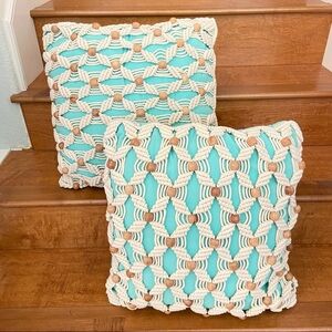Set of 2 Teal Turquoise Rope and Wooden Beads Pillows.